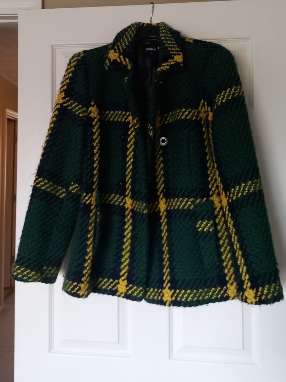 Desigual Green Plaid Bouclé Jacket | Floral Lined | Raw Edge | EU 44 / US 12
